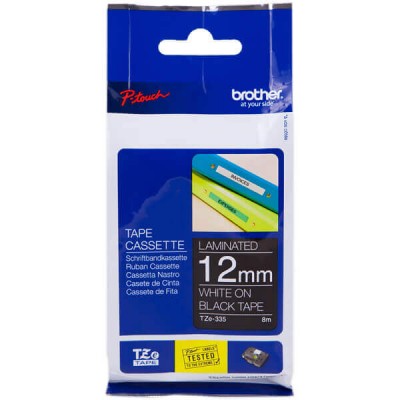 Nastro Originale Brother TZE-335 TZE335 12mm 8 Metri Bianco su Nero Laminato