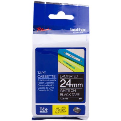 Nastro Originale Brother TZE-355 TZE355 24mm 8 Metri Bianco su Nero Laminato