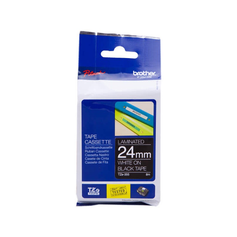 Nastro Originale Brother TZE-355 TZE355 24mm 8 Metri Bianco su Nero Laminato
