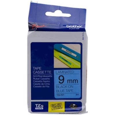 Nastro Originale Brother TZE-521 TZE521 9mm 8 Metri Nero su Blu Laminato