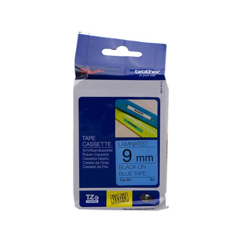 Nastro Originale Brother TZE-521 TZE521 9mm 8 Metri Nero su Blu Laminato