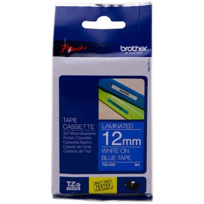 Nastro Originale Brother TZE-535 TZE535 12mm 8 Metri Bianco su Blu Laminato