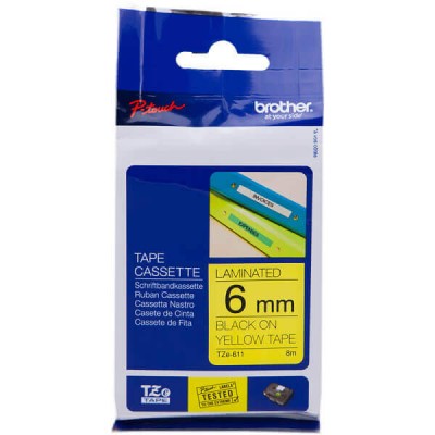 Nastro Originale Brother TZE-611 TZE611 6mm 8 Metri Nero su Giallo Laminato