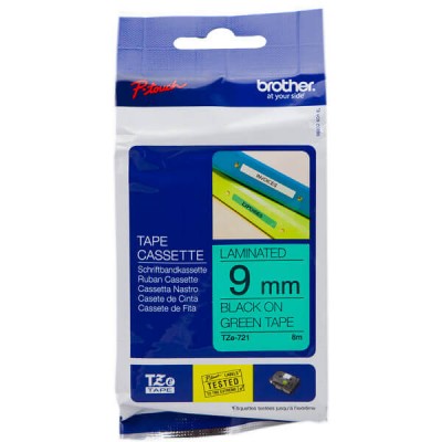 Nastro Originale Brother TZE-721 TZE721 9mm 8 Metri Nero su Verde Laminato
