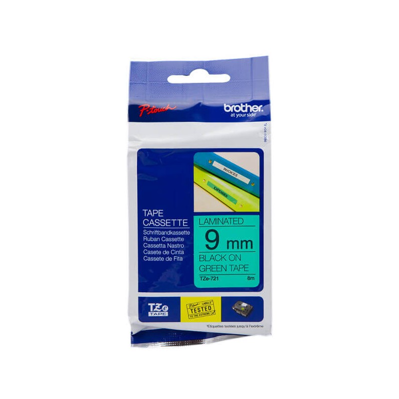Nastro Originale Brother TZE-721 TZE721 9mm 8 Metri Nero su Verde Laminato