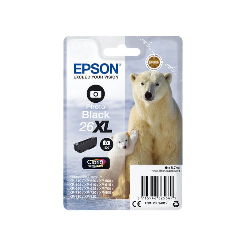 Cartuccia Originale Epson C13T26314012 T2631 26XL Photo Bk Nero 8,7ML 400 Pagine
