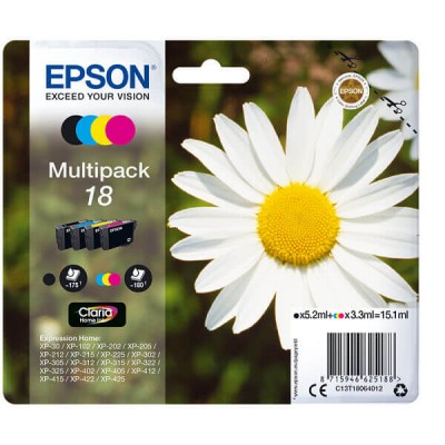 Kit 4 Cartucce Originali Epson C13T18064012 T1806 18 BK C M Y 5ml Bk 3ml C M Y