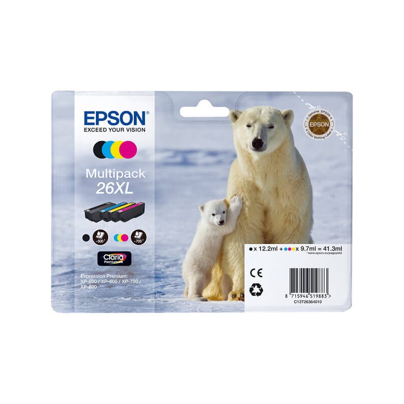 Kit 4 Cartucce Originali Epson C13T26364010 T2636 26XL BK C M Y 8,7ml Bk 9,7ml C M Y