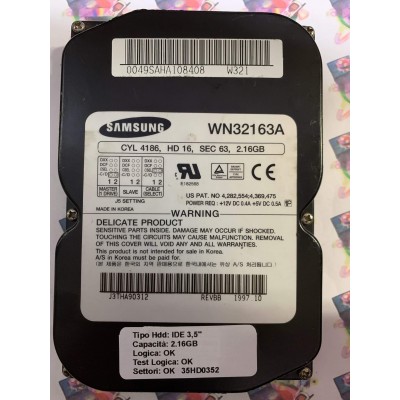 Hard Disk Usato Funzionante 100% Ok IDE 3,5" 2,16gb SAMSUNG WN32163A 0049SAHA108408 W321 1997.10
