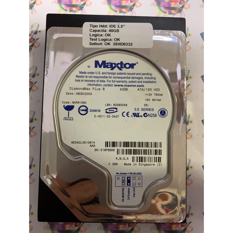 Hard Disk Usato Funzionante 100% Ok IDE 3,5" 40gb MAXTOR 6E040L0 6E040L0510614 NAR61590 09 DEC 2003