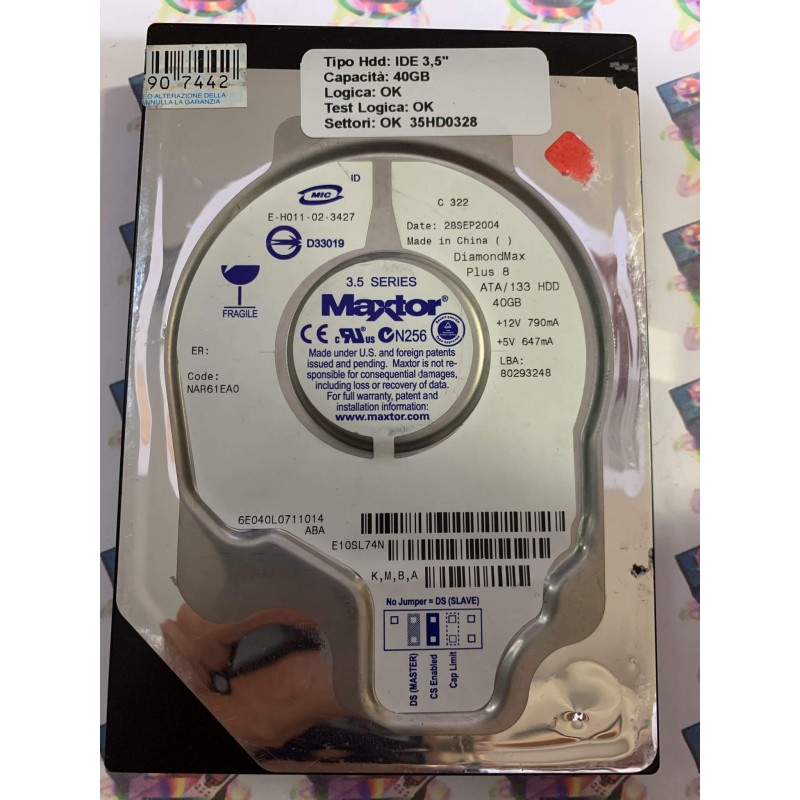 Hard Disk Usato Funzionante 100% Ok IDE 3,5" 40gb MAXTOR 6E040L0 6E040L0711014 LBA 80293248 28 SEP 2004 NAR61EA0
