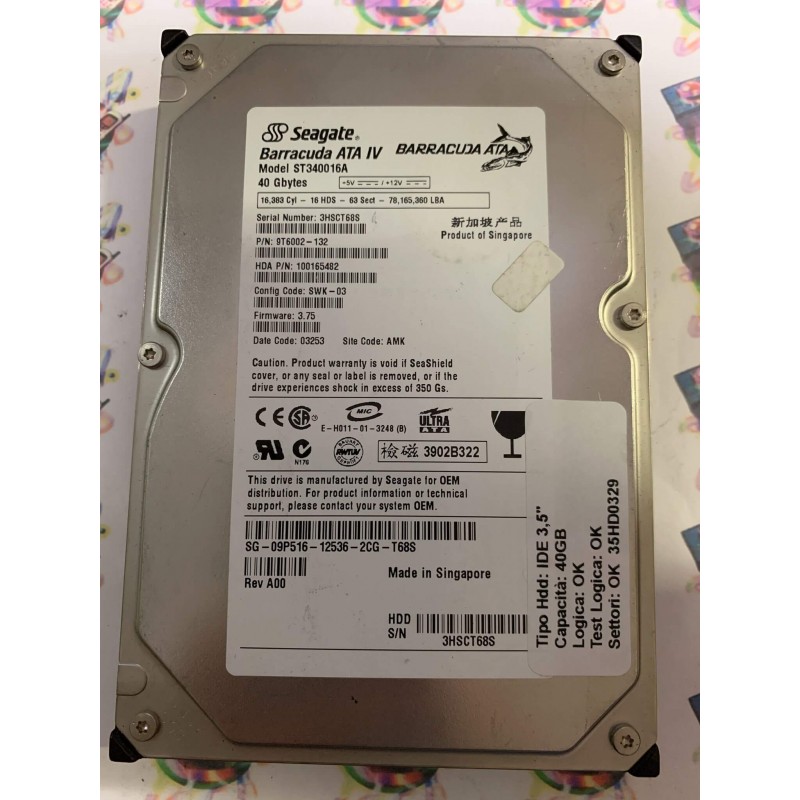 Hard Disk Usato Funzionante 100% Ok IDE 3,5" 40gb SEAGATE ST340016A 9T6002-132 SWK-03 3.75 03253 AMK