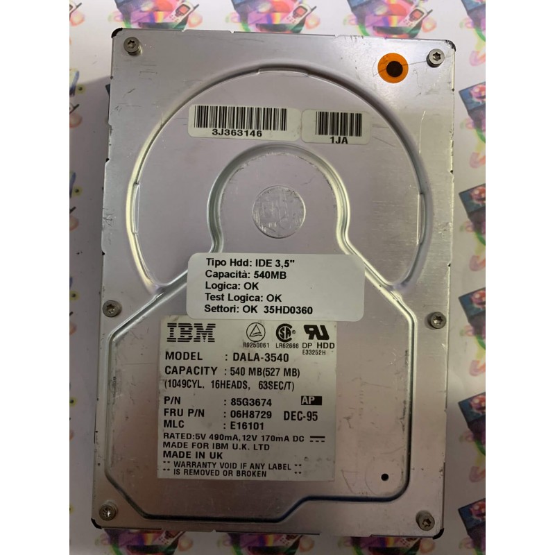 Hard Disk Usato Funzionante 100% Ok IDE 3,5" 540mb IBM DALA-3540 85G3674 06H8729 E16101