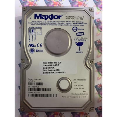 Hard Disk Usato Funzionante 100% Ok IDE 3,5" 80GB MAXTOR 6Y080L0422011 YAR41BW0 31 MAR 2004