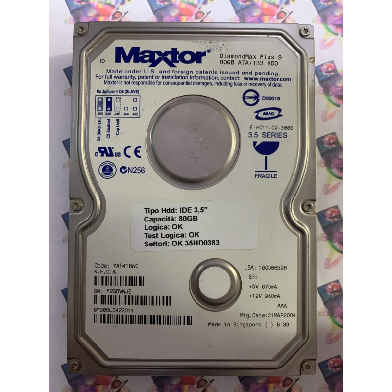 Hard Disk Usato Funzionante 100% Ok IDE 3,5" 80GB MAXTOR 6Y080L0422011 YAR41BW0 31 MAR 2004