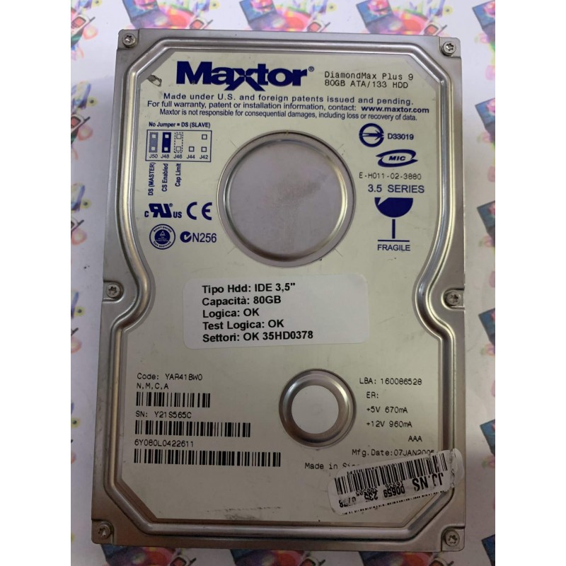 Hard Disk Usato Funzionante 100% Ok IDE 3,5" 80GB MAXTOR 6Y080L0422611 YAR41BW0 07 JAN 2005