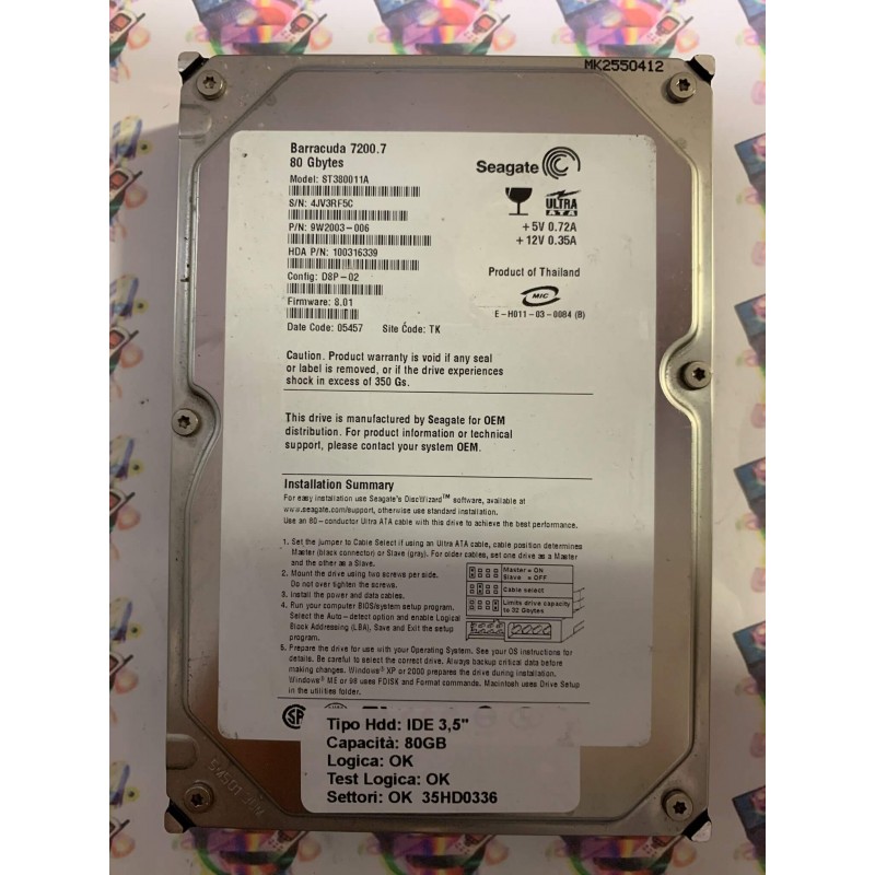 Hard Disk Usato Funzionante 100% Ok IDE 3,5" 80gb SEAGATE ST380011A 9W2003-006 D8P-02 8.01 05457 TK