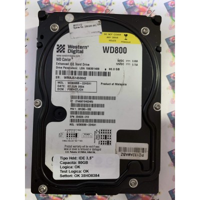 Hard Disk Usato Funzionante 100% Ok IDE 3,5" 80GB WESTERN DIGITAL WD800BB-22HEA1 FSBHCTJCH 07 JUN 2004