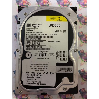 Hard Disk Usato Funzionante 100% Ok IDE 3,5" 80GB WESTERN DIGITAL WD800LB-07DNA2 HSBHCTJAH 24 OCT 2003