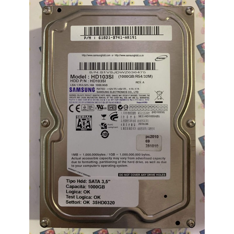Hard Disk Usato Funzionante 100% Ok SATA 3,5" 1000gb SAMSUNG HD103SI 61821-B741-AR191 2010.06