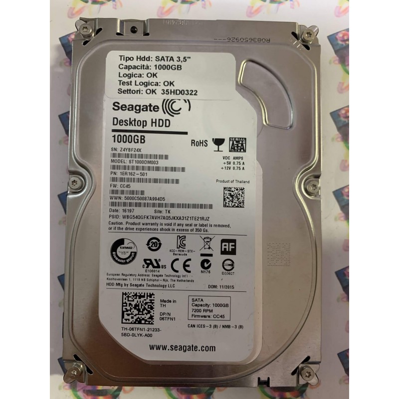 Hard Disk Usato Funzionante 100% Ok SATA 3,5" 1000gb SEAGATE ST1000DM003 1ER162-501 CC45 TK
