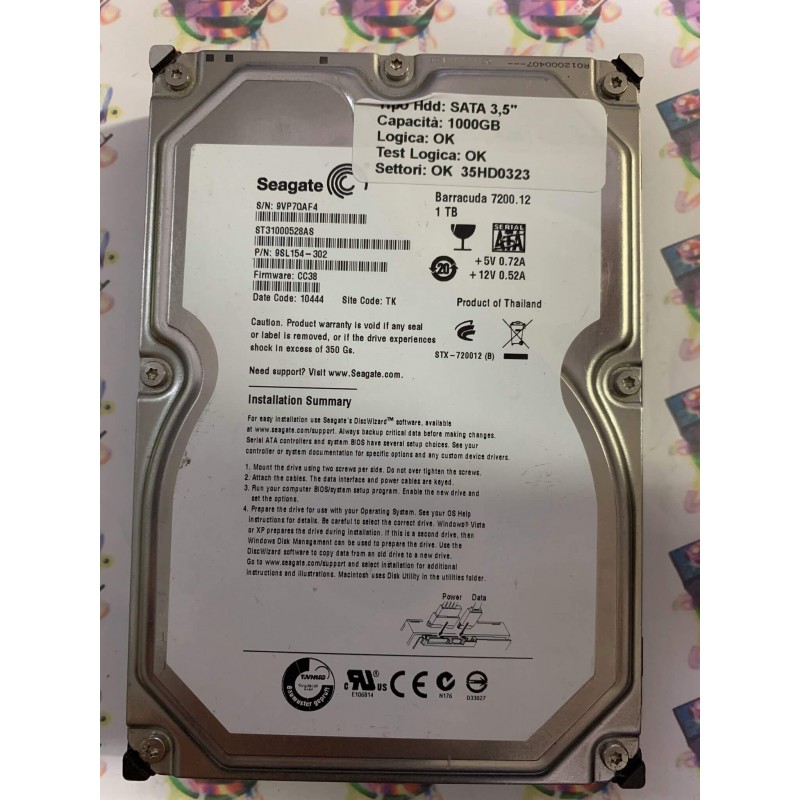Hard Disk Usato Funzionante 100% Ok SATA 3,5" 1000gb SEAGATE ST31000528AS 9SL154-302 CC38 10444 TK