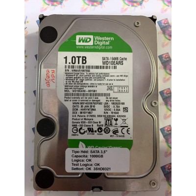 Hard Disk Usato Funzionante 100% Ok SATA 3,5" 1000gb WESTERN DIGITAL WD10EARS-00Y5B1 HHRYNT2MA 9015Y1857 30 JAN 2010