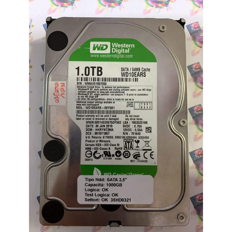Hard Disk Usato Funzionante 100% Ok SATA 3,5" 1000gb WESTERN DIGITAL WD10EARS-00Y5B1 HHRYNT2MA 9015Y1857 30 JAN 2010