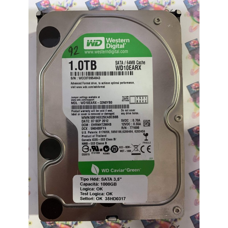Hard Disk Usato Funzionante 100% Ok SATA 3,5" 1000gb WESTERN DIGITAL WD10EARX-32N0YB0 EHRNHT2MHB 5N0400FY4 07 SEP 2012