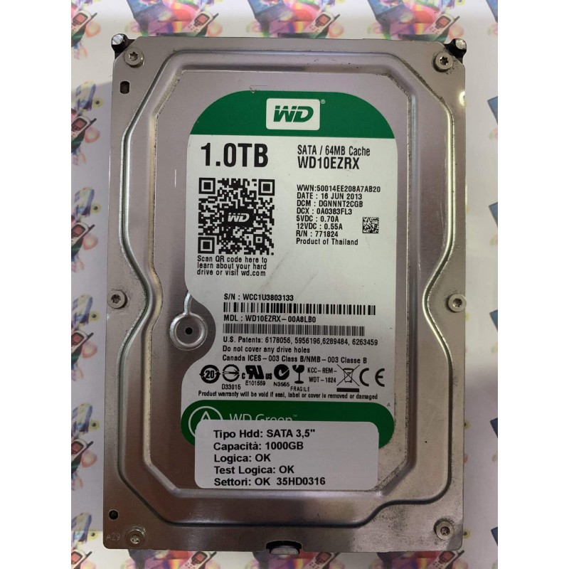 Hard Disk Usato Funzionante 100% Ok SATA 3,5" 1000gb WESTERN DIGITAL WD10WZRX-00A8LB0 DGNNNT2CGB 0A0383FL3 16 JUN 2013