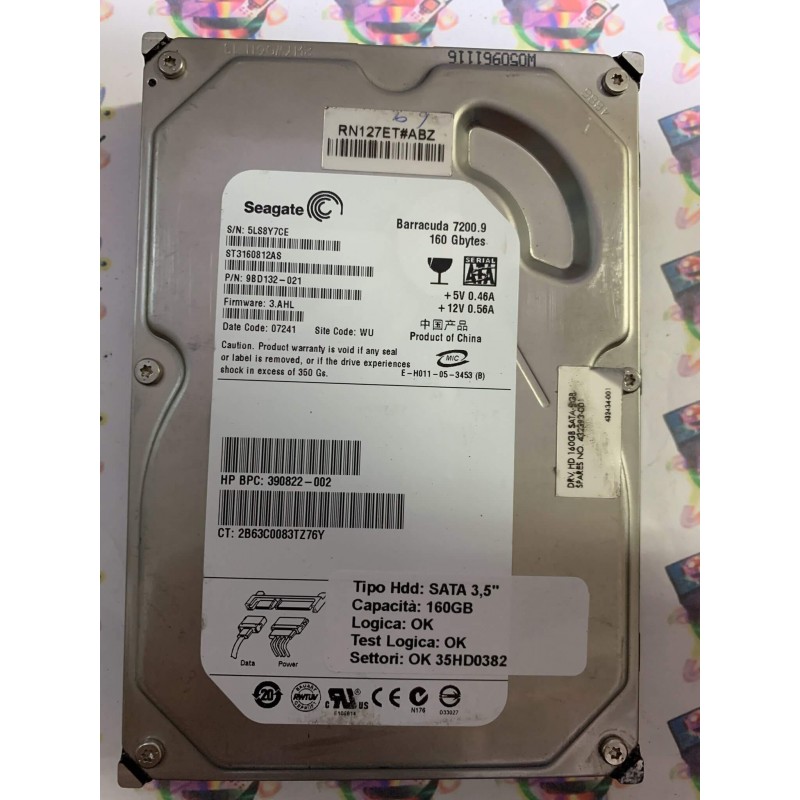 Hard Disk Usato Funzionante 100% Ok SATA 3,5" 160GB SEAGATE ST3160812AS 9BD132-021 3.AHL 07241 WU