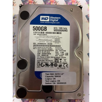 Hard Disk Usato Funzionante 100% Ok SATA 3,5" 500gb WESTERN DIGITAL WD5000AAKS-00D2B0 DGRNHT2MHB 2002DC128 05 APR 2010