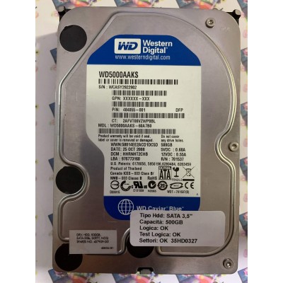 Hard Disk Usato Funzionante 100% Ok SATA 3,5" 500gb WESTERN DIGITAL WD5000AAKS-60A7B0 484055-001 HHRNHT2CHB 25 OCT 2008