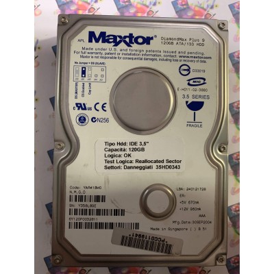 Hard Disk Usato Semifunzionante IDE 3,5" 120gb MAXTOR 6Y120P0 6Y120P0032811 YAR41BW0 30 SEP 2004