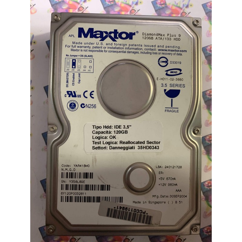 Hard Disk Usato Semifunzionante IDE 3,5" 120gb MAXTOR 6Y120P0 6Y120P0032811 YAR41BW0 30 SEP 2004
