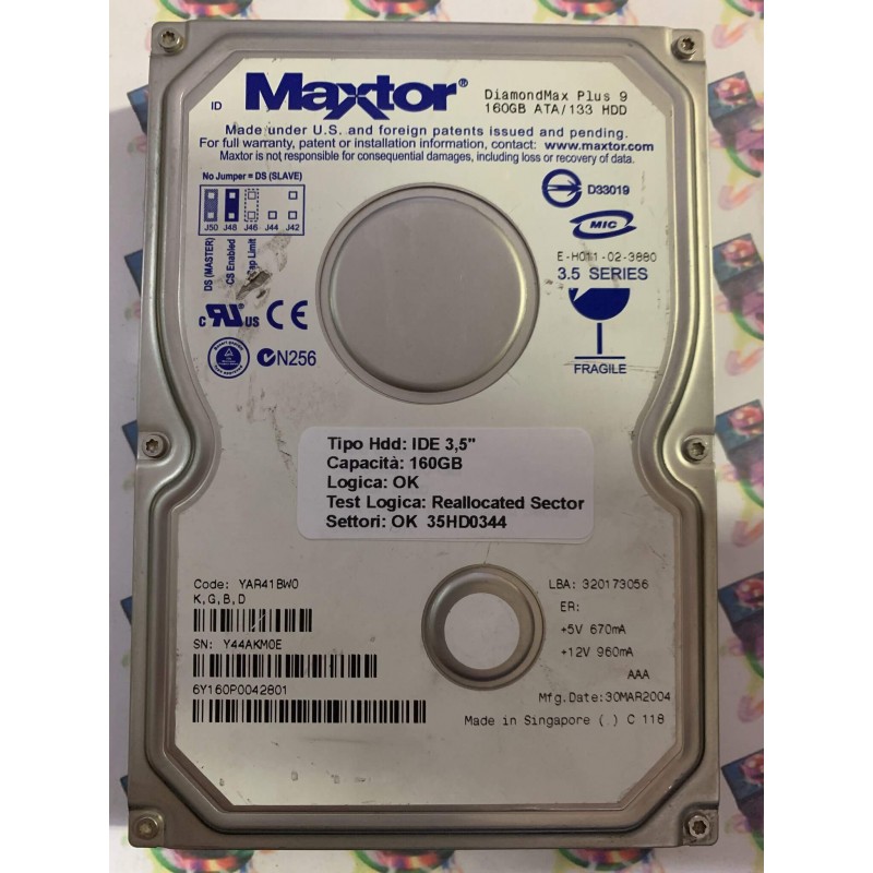 Hard Disk Usato Semifunzionante IDE 3,5" 160gb MAXTOR 6Y160P0 6Y160P0042801 YAR41BW0 30 MAR2004