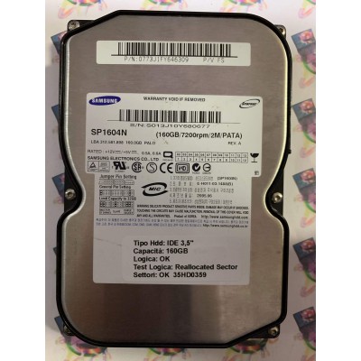 Hard Disk Usato Semifunzionante IDE 3,5" 160gb SAMSUNG SP1604N 0773J1FY646309 2005.06