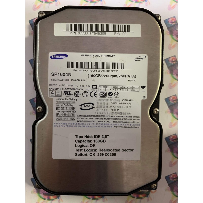 Hard Disk Usato Semifunzionante IDE 3,5" 160gb SAMSUNG SP1604N 0773J1FY646309 2005.06