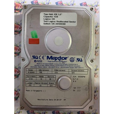 Hard Disk Usato Semifunzionante IDE 3,5" 1GB MAXTOR 81620A3 02A 01B 01A 04 24 97