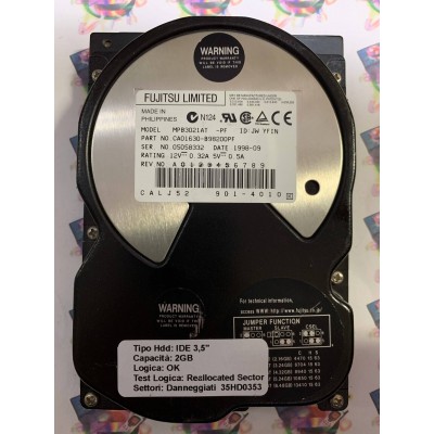 Hard Disk Usato Semifunzionante IDE 3,5" 2gb FUJITSU MPB3021AT CA01630-B98200PF 1998-09