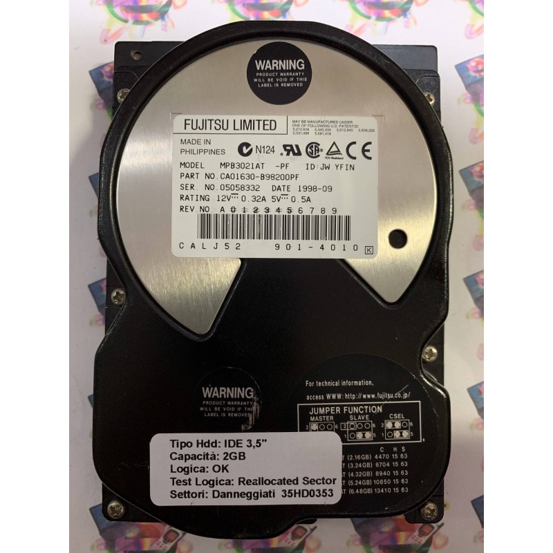 Hard Disk Usato Semifunzionante IDE 3,5" 2gb FUJITSU MPB3021AT CA01630-B98200PF 1998-09