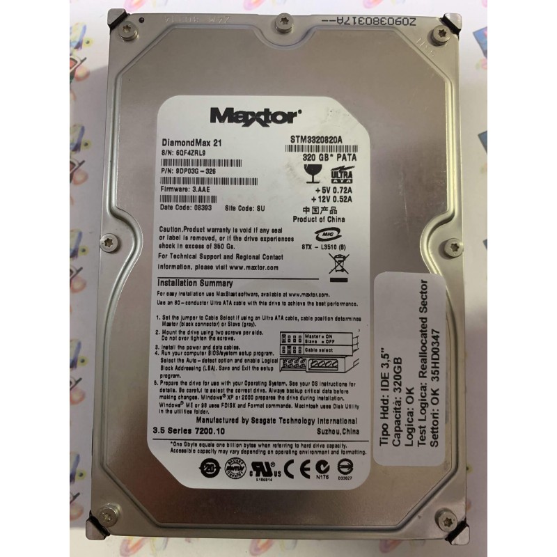 Hard Disk Usato Semifunzionante IDE 3,5" 320gb MAXTOR STM3320820A 9DP03G-326 3.AAE 08393 8U