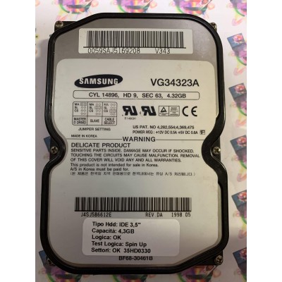 Hard Disk Usato Semifunzionante IDE 3,5" 4,32gb Samsung VG34323A J4S586612E REV DA 1998.05