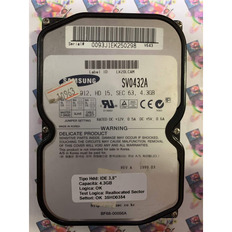 Hard Disk Usato Semifunzionante IDE 3,5" 4,3gb SAMSUNG SV0432A LK20LCAM 1999.03