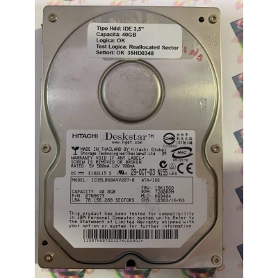 Hard Disk Usato Semifunzionante IDE 3,5" 40gb HITACHI IC35L060AVV207-0 07N9673 19K1568 H69404 29-OCT-03