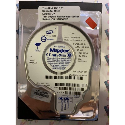 Hard Disk Usato Semifunzionante IDE 3,5" 40gb MAXTOR 2F040J0310231 294924-001 VAM51JJO 24 AUG 2002
