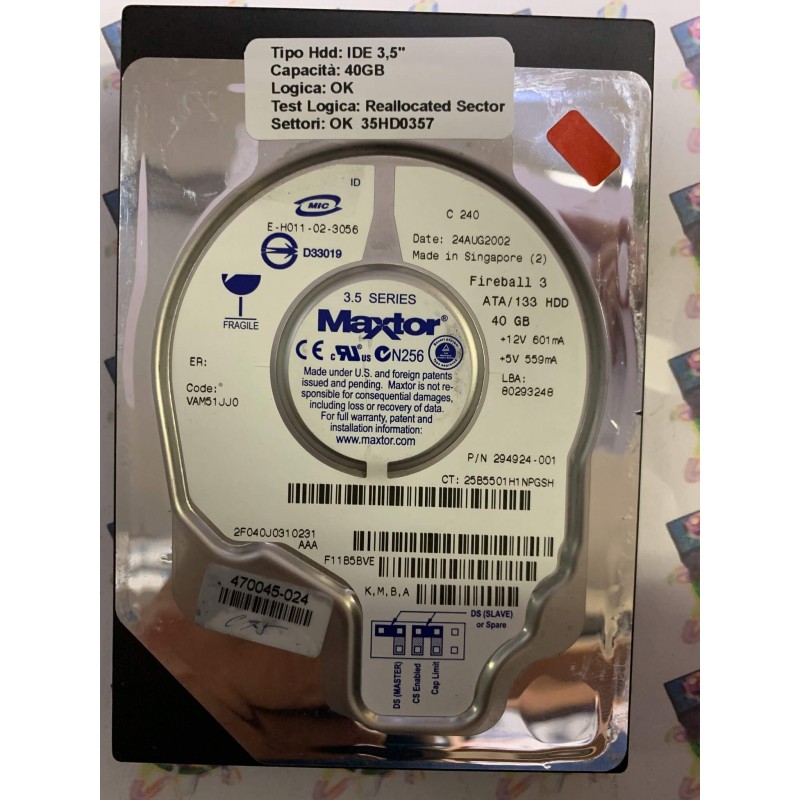 Hard Disk Usato Semifunzionante IDE 3,5" 40gb MAXTOR 2F040J0310231 294924-001 VAM51JJO 24 AUG 2002