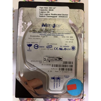 Hard Disk Usato Semifunzionante IDE 3,5" 40gb MAXTOR 6040L0 6040L0510605 NAR61590 05 LUN 2003