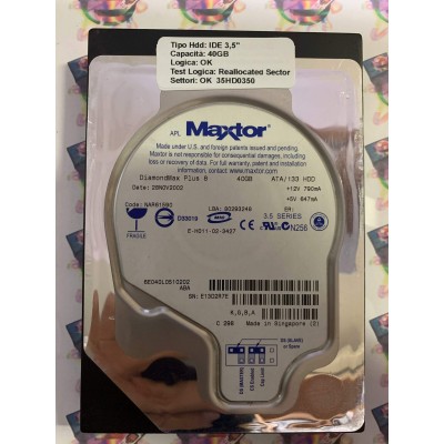 Hard Disk Usato Semifunzionante IDE 3,5" 40gb MAXTOR 6E040L0 6E040L0510202 NAR61590 28 NOV 2002