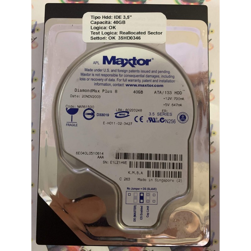 Hard Disk Usato Semifunzionante IDE 3,5" 40gb MAXTOR 6E040L0 6E040L0510614 NAR61590 20 NOV 2003